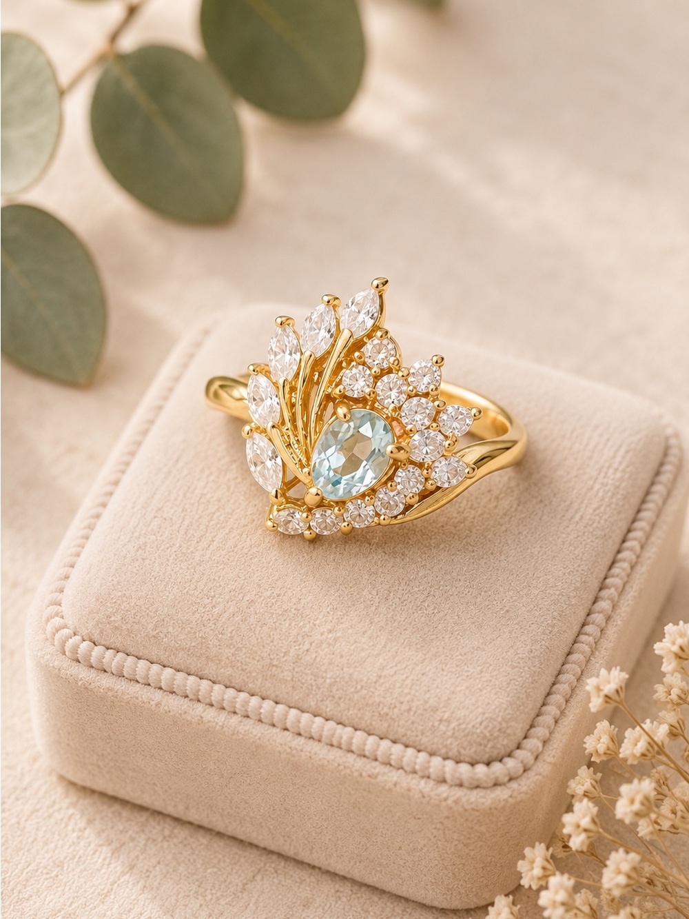 14K Yellow Gold HGE Plated Blue Topaz Stone Cubic Zirconia Size 9
